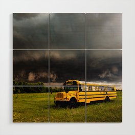 Thunder Bus - Thunderstorm Advances Over Old School Bus on Stormy Spring Day in Oklahoma Wood Wall Art