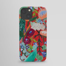 Red floral Jungle Garden Botanical featuring Proteas, Reeds, Eucalyptus, Ferns and Birds of Paradise iPhone Case