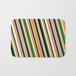 [ Thumbnail: Eye-catching Forest Green, Black, Plum, Dark Orange, and White Colored Striped Pattern Bath Mat ]