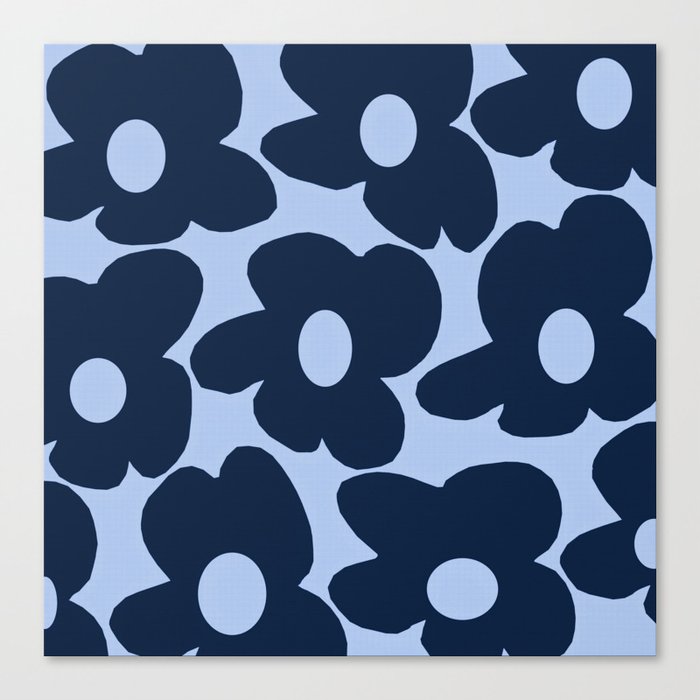 Large Dark Blue Retro Flowers Baby Blue Background #decor #society6 #buyart Canvas Print