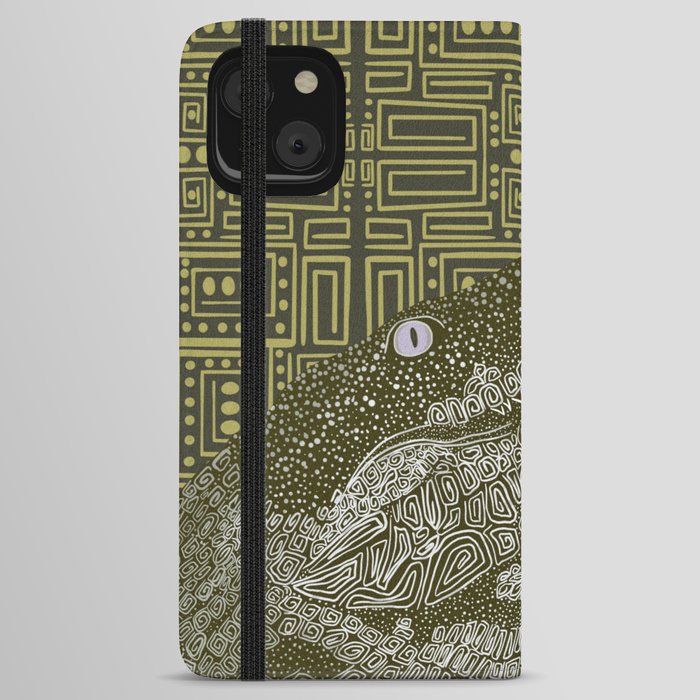 Green crocodile on pattern background iPhone Wallet Case