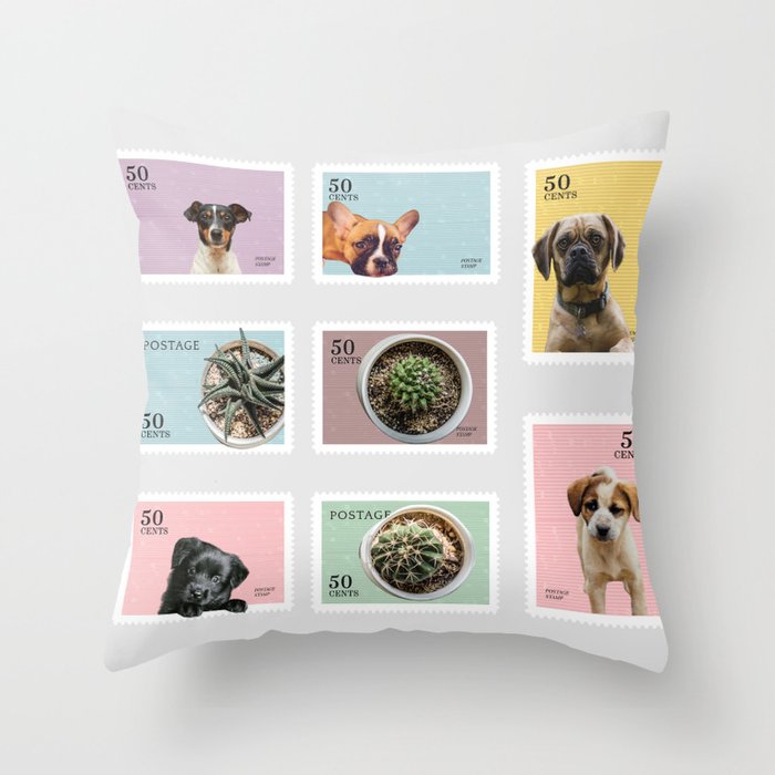 Dog and Cactus Stamps  Throw Pillow