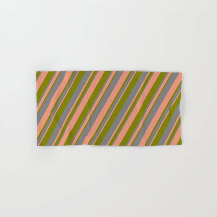Grey, Dark Salmon & Green Colored Stripes/Lines Pattern Hand & Bath Towel