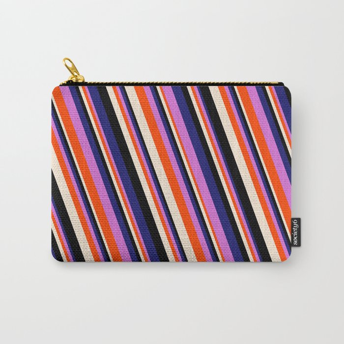 Vibrant Midnight Blue, Orchid, Red, Beige & Black Colored Striped/Lined Pattern Carry-All Pouch