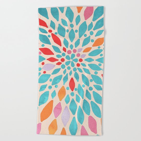 Radiant Dahlia - teal, orange, coral, pink watercolor pattern Beach Towel