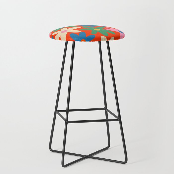 Daisy Time Colorful Retro Floral Pattern on Red Bar Stool