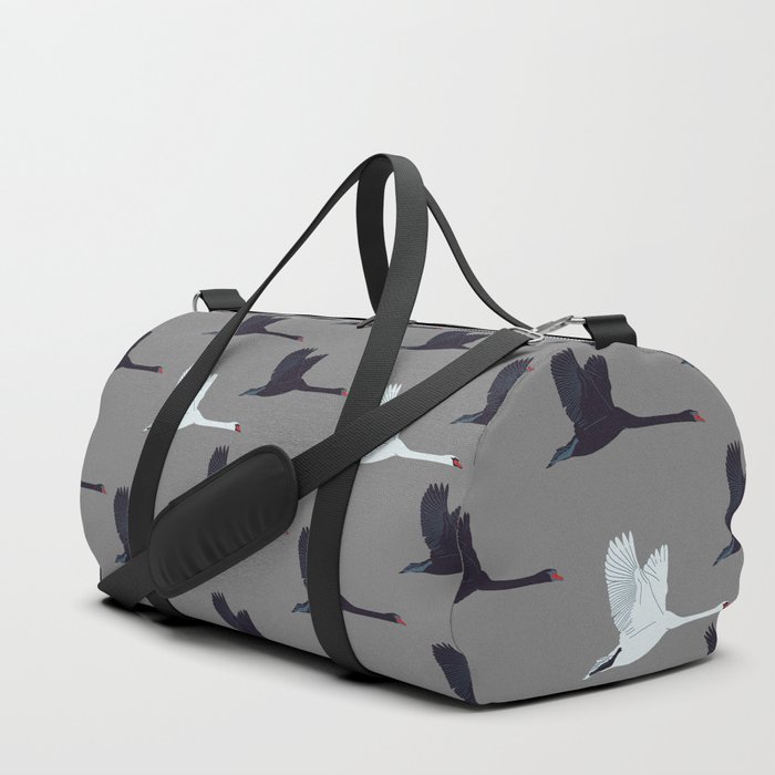 Flying Elegant Swan Pattern on Grey Background Duffle Bag