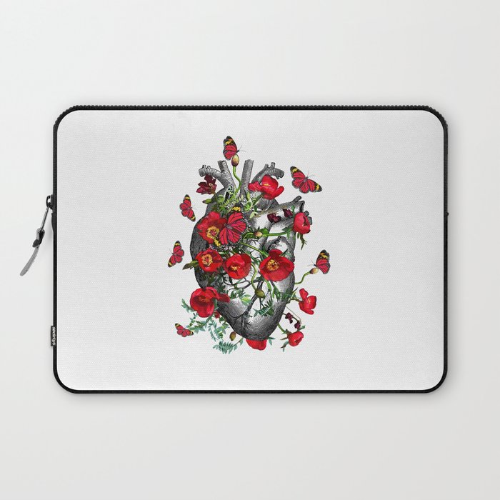 Human heart anatomy with beautiful butterflies and red anemones, floral art of human heart illustration Laptop Sleeve