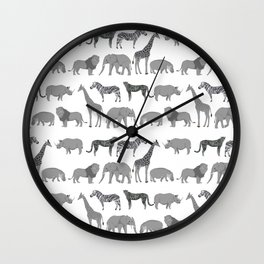 Safari animals minimal grey and white zebra giraffe cheetah hippo rhino nursery Wall Clock