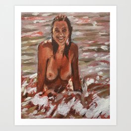 Skinny Dip Art Print | Female, Naked, Nipples, Swimming, Breasts, Nude, Tanlines, Erotic, Painting, Tits 