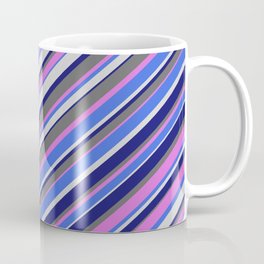 [ Thumbnail: Orchid, Royal Blue, Light Gray, Midnight Blue & Dim Gray Colored Lined Pattern Coffee Mug ]