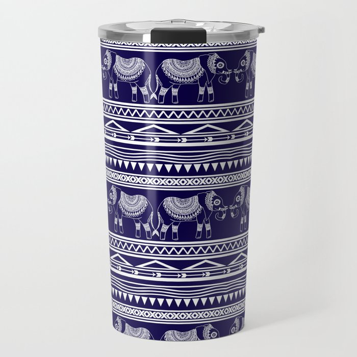 White And Navy Blue Elephant Pattern Travel Mug By Navy Blue Elephant Pattern Travel Mug