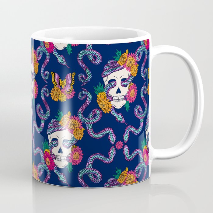 Floral Skull Snake on Midnight Blue Coffee Mug