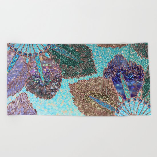 Aqua Green Brown and Blue Faux Glitter Flowers on #Society6 Beach Towel