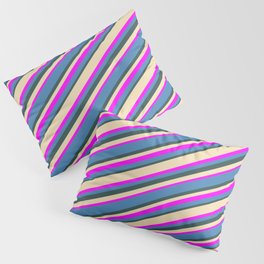 [ Thumbnail: Tan, Fuchsia, Blue, and Dark Slate Gray Colored Stripes Pattern Pillow Sham ]