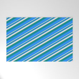 [ Thumbnail: Beige, Dark Cyan, and Blue Colored Lined Pattern Welcome Mat ]