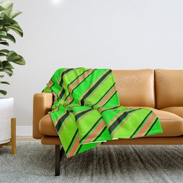[ Thumbnail: Lime, Coral, Green, and Black Colored Lined Pattern Throw Blanket ]
