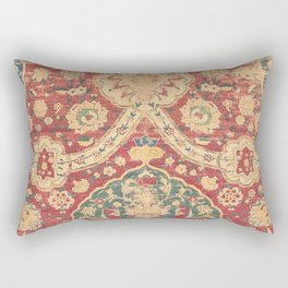 Peonies Kashan I // 16th Century Distressed Colorful Red Tan Light Blue Ornate Accent Rug Pattern Rectangular Pillow