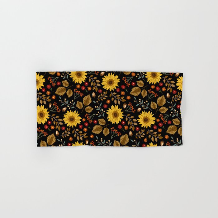 Autumn sunflowers with black background pattern. Maple leaves, sunflowers, flowers ditsy.  Hand & Bath Towel