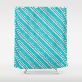 [ Thumbnail: Light Pink & Dark Turquoise Colored Striped Pattern Shower Curtain ]