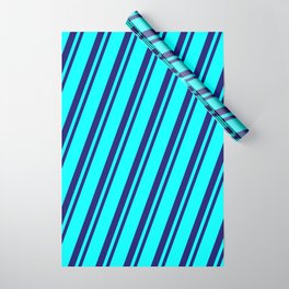[ Thumbnail: Cyan & Midnight Blue Colored Striped/Lined Pattern Wrapping Paper ]