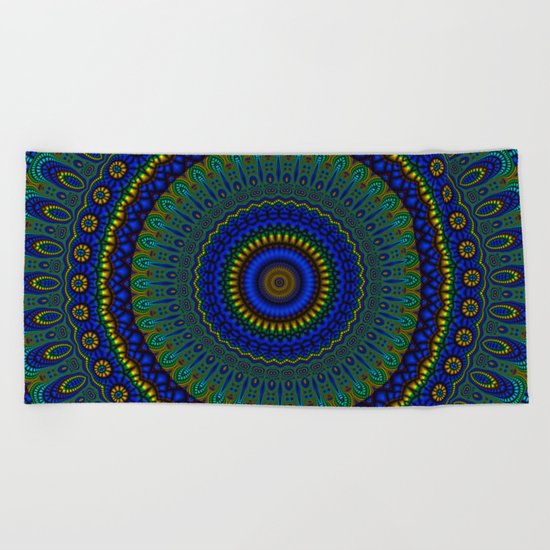 blue yellow mandala Beach Towel
