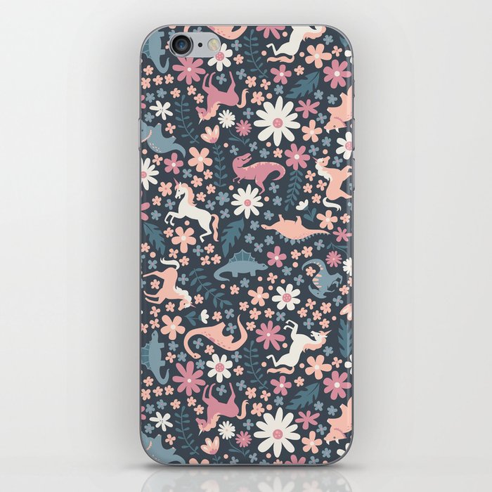 Floral Burst of Dinosaurs and Unicorns in Mauve + Peach iPhone Skin