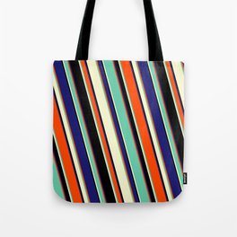 [ Thumbnail: Red, Aquamarine, Light Yellow, Black & Midnight Blue Colored Lines/Stripes Pattern Tote Bag ]