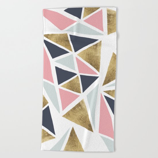 Modern geometrical pink navy blue gold triangles pattern Beach Towel
