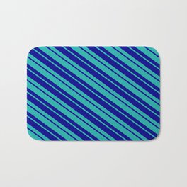 [ Thumbnail: Light Sea Green and Dark Blue Colored Striped Pattern Bath Mat ]