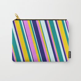 [ Thumbnail: Eye-catching Yellow, Violet, Midnight Blue, Light Cyan, and Dark Cyan Colored Stripes/Lines Pattern Carry-All Pouch ]