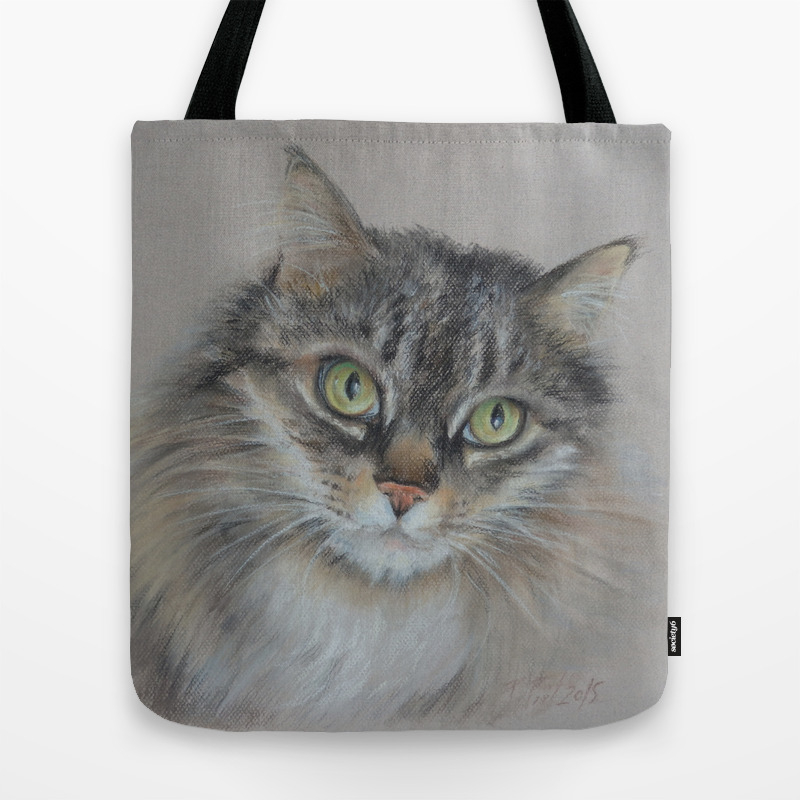 Tabby Cat Maine Coon Portrait Pastel Drawing On The Grey Background Tote Bag By Canisart Society6