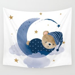 Cute bear sleeps on the moon Wall Tapestry