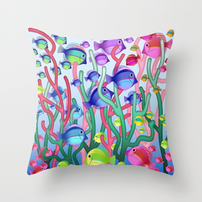 Colorful Fish, Coral and Seaweed Underwater Ocean Scene // Purple, Fuchsia, Pink, Blue, Aqua, Green Throw Pillow