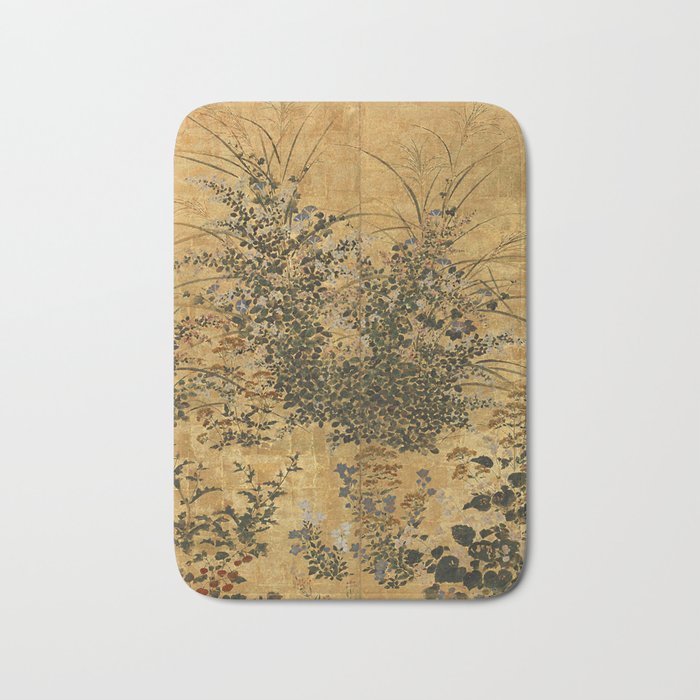 Vintage Japanese Floral Gold Leaf Screen With Morning Glory Bath Mat
