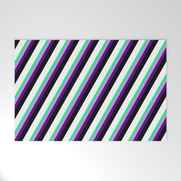 [ Thumbnail: Vibrant Green, Violet, Indigo, Black, and White Colored Striped/Lined Pattern Welcome Mat ]