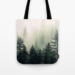 Foggy Pine Trees Tote Bag