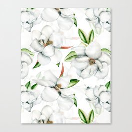 White Hand Painted Camelia Flowers Pattern Canvas Print