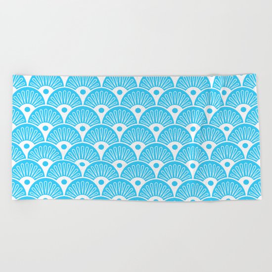 Seashells Mermaidscales in white on aqua teal background Beach Towel