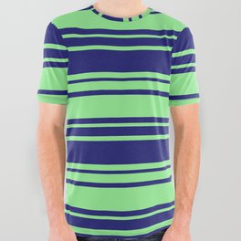 [ Thumbnail: Midnight Blue and Light Green Colored Striped/Lined Pattern All Over Graphic Tee ]