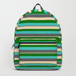 [ Thumbnail: Green, Turquoise, Dim Grey, and Bisque Colored Striped/Lined Pattern Backpack ]