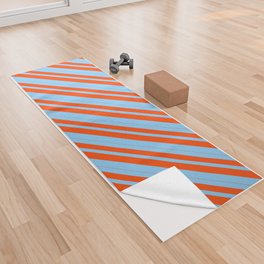 [ Thumbnail: Light Sky Blue and Red Colored Stripes/Lines Pattern Yoga Towel ]