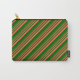 [ Thumbnail: Red and Dark Green Colored Stripes Pattern Carry-All Pouch ]