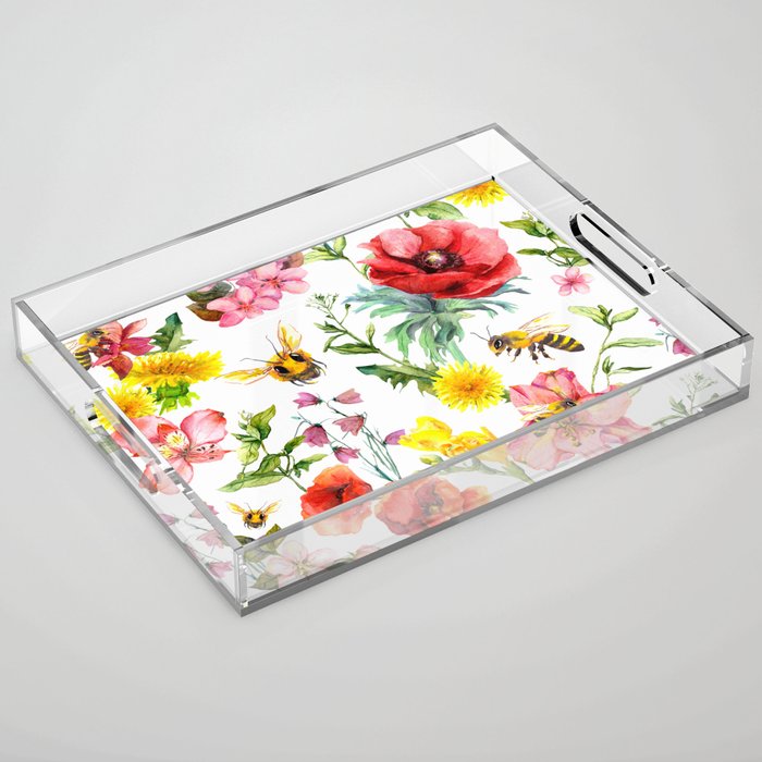 Bees and Honey in the garden seamless pattern Acrylic Tray