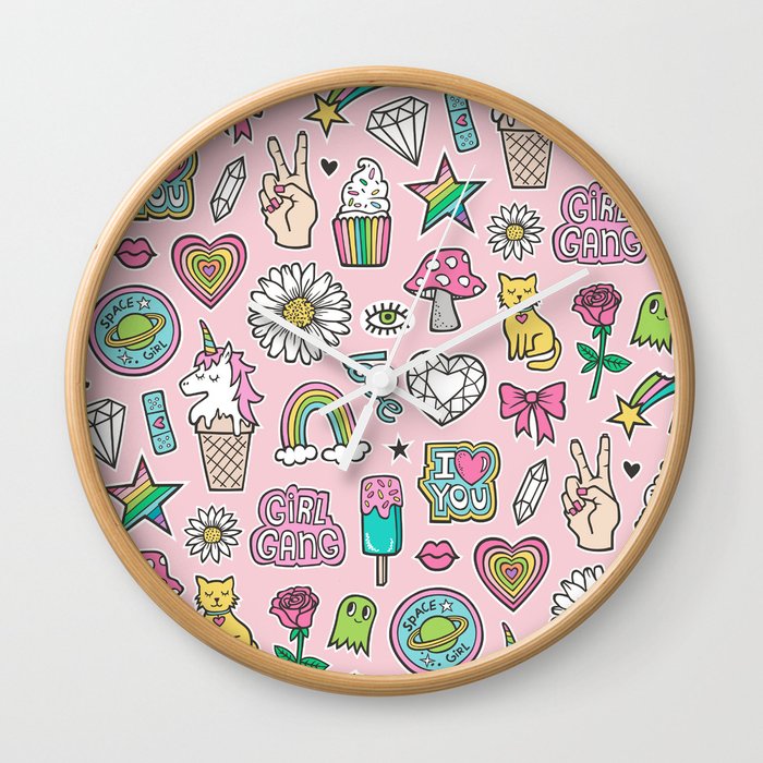 Patches Stickers 90's Doodle Unicorn Ice Cream, Rainbow, Hearts, Stars, Gemstones,Flowers Pink Wall Clock