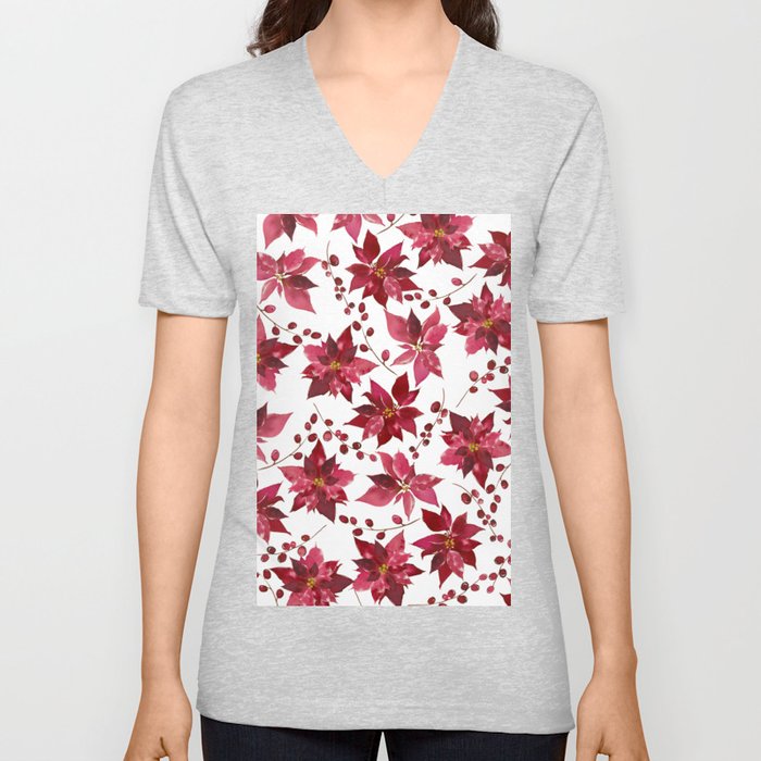 Fuchsia pink watercolor poinsettia berries floral V Neck T Shirt