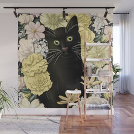 Little Black Garden Cat - Cream and Yellow Flowers Wall Mural
