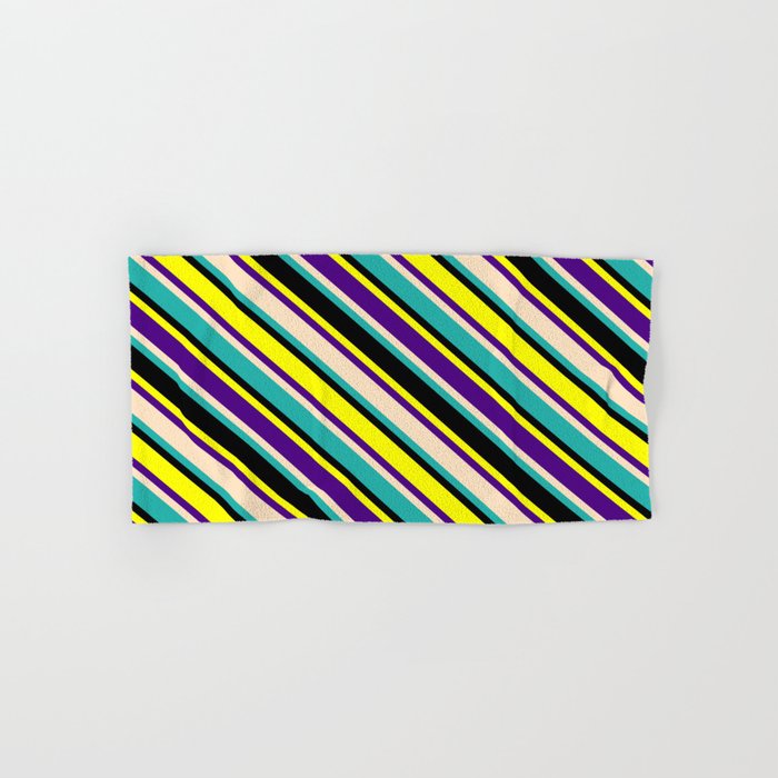 Eyecatching Yellow, Indigo, Bisque, Light Sea Green, and Black Colored Lined Pattern Hand & Bath Towel