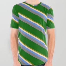 [ Thumbnail: Eyecatching Green, Bisque, Cornflower Blue, Gray, and Dark Green Colored Lined/Striped Pattern All Over Graphic Tee ]