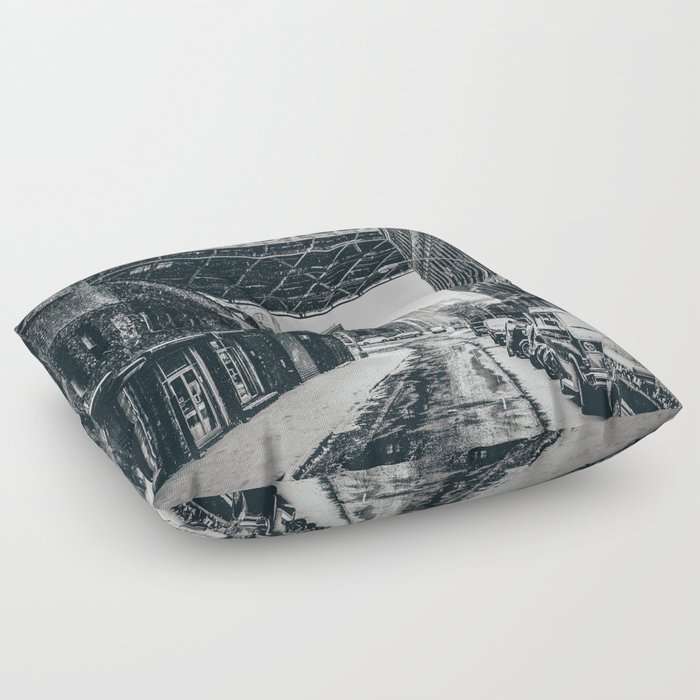 Manhattan Bridge during winter snowstorm in New York City black and white Floor Pillow